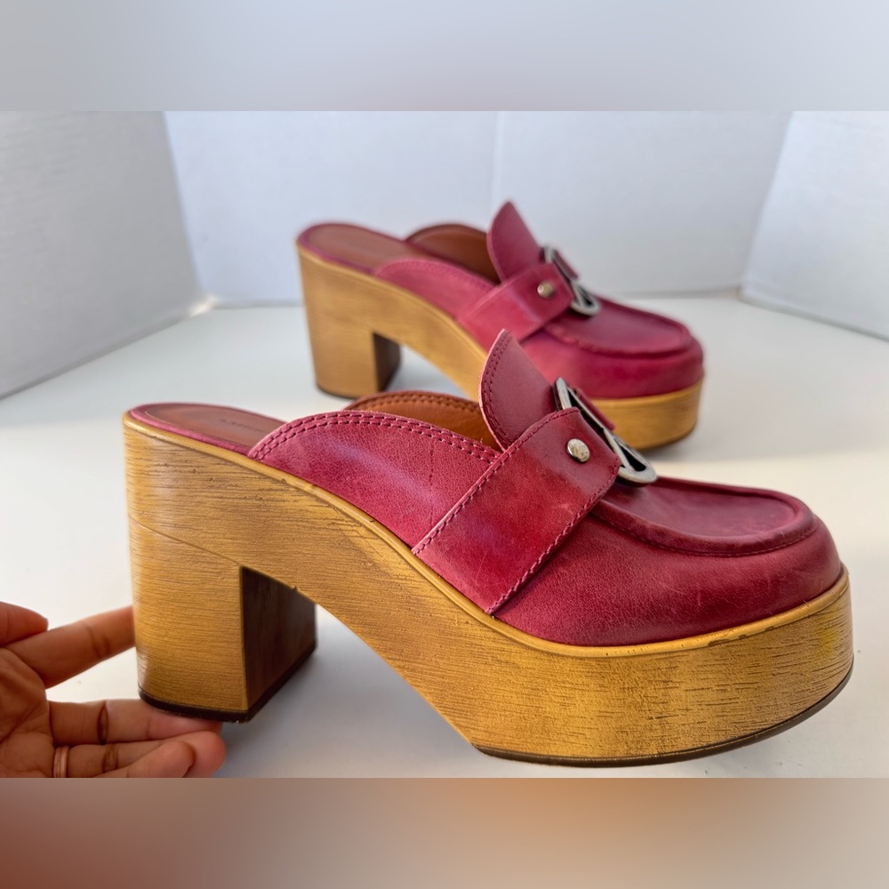 Lucky Brand Aleah Peace Sign Leather Wooden Chunky Platform Clog Mule Shoes 9 - Picture 2 of 12